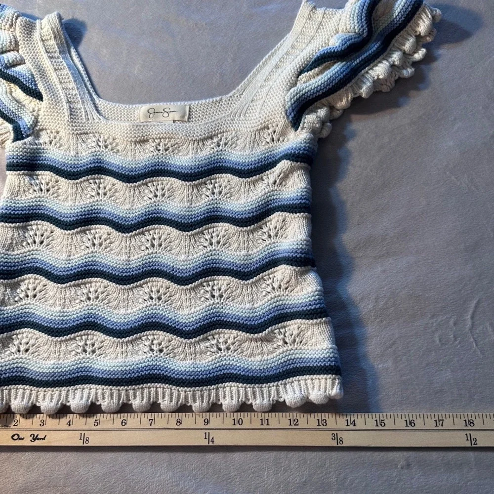 Jessica Simpson Blue White Striped Knit Flutter Sleeve Square Neck Top Medium